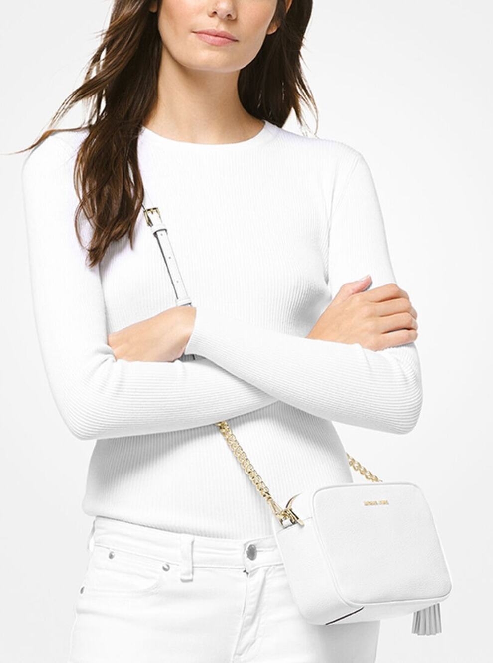 Michael Kors Women's Optic White Ginny Leather Tassel Crossbody Bag Purse Q8-13